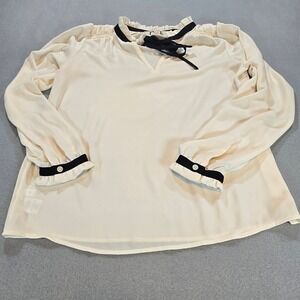 LOFT Blouse Women XS Cream Black Tie Neck Ruffle Collar Long Sleeve 522736